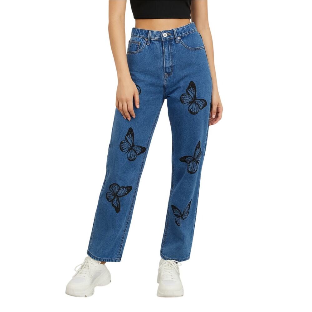 Rue 21 Y2k High Rise Straight Leg Butterfly Jeans Size 4 Waist 27" 2000s